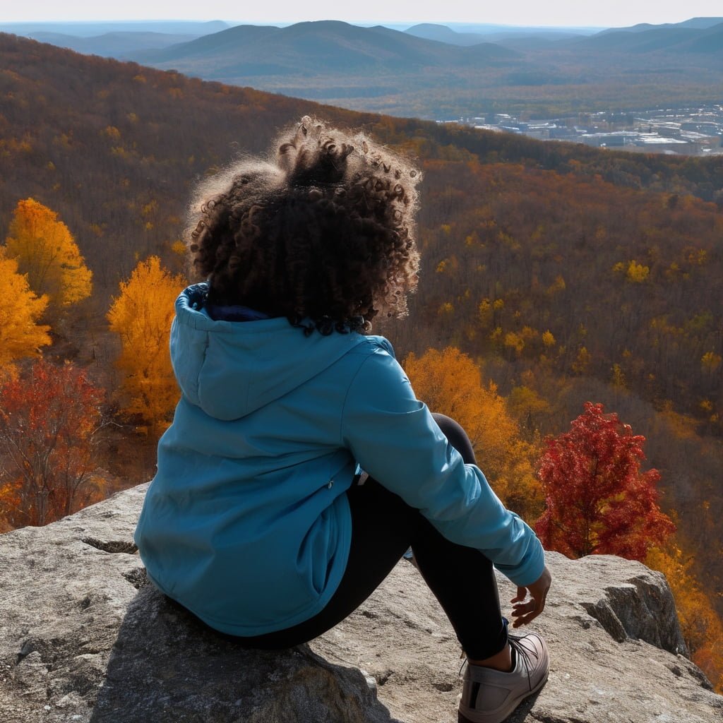 A black girl with curly hair sitting at the top of a mountain in the fall